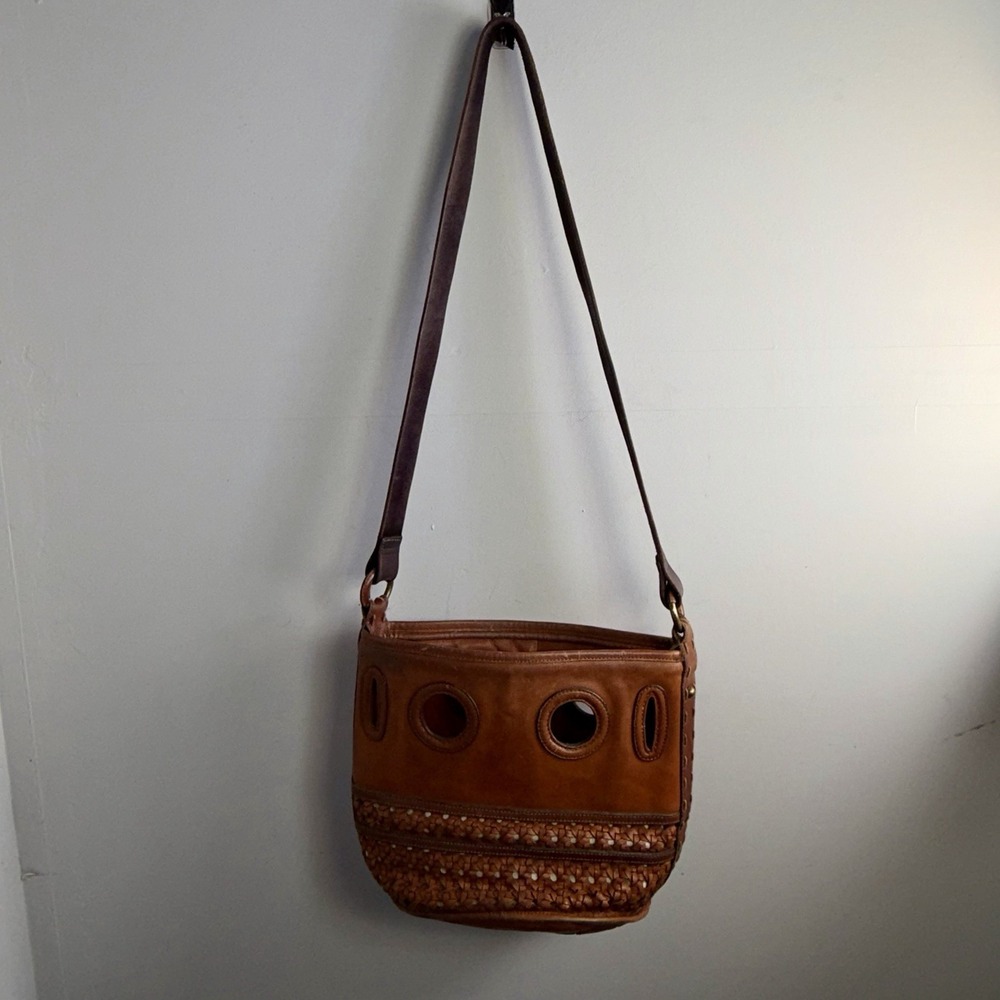 Anthropologie Holding Horses Luisa Leather Bucket Bag Woven Boho Crossbody Brown